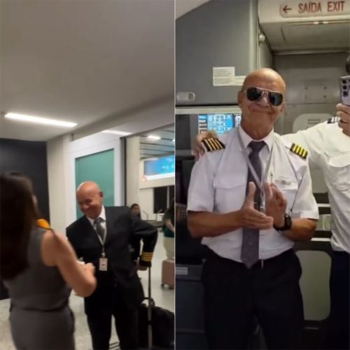 Piloto foi homenageado após desembarcar em Natal — Foto: Divulgação/Natal Airport e Gol