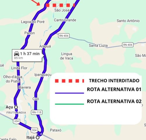 Mapa mostra rotas alternativas durante interdição de trecho da rodovia que interliga os municípios de Alto do Rodrigues e Carnaubais — Foto: Divulgação