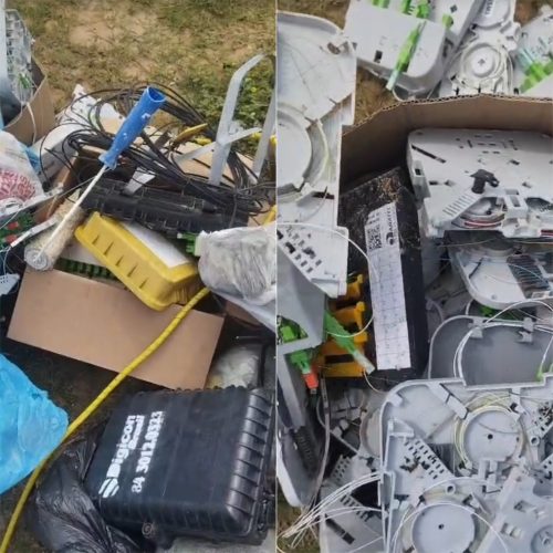 Caixas de internet foram arrancadas dos postes em bairros de Natal — Foto: Redes sociais