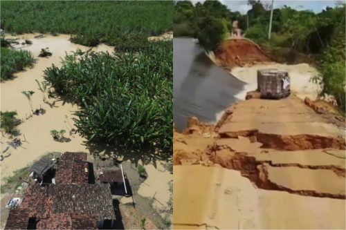 Barragem rompeu, alagou plantações e destruiu estrada em Canguaretama, no RN — Foto: Foto 1: Astro Drone RN | Foto 2: Redes sociais