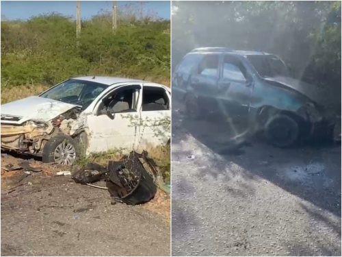 Carros colidiram frontalmente na RN-118 — Foto: Reprodução